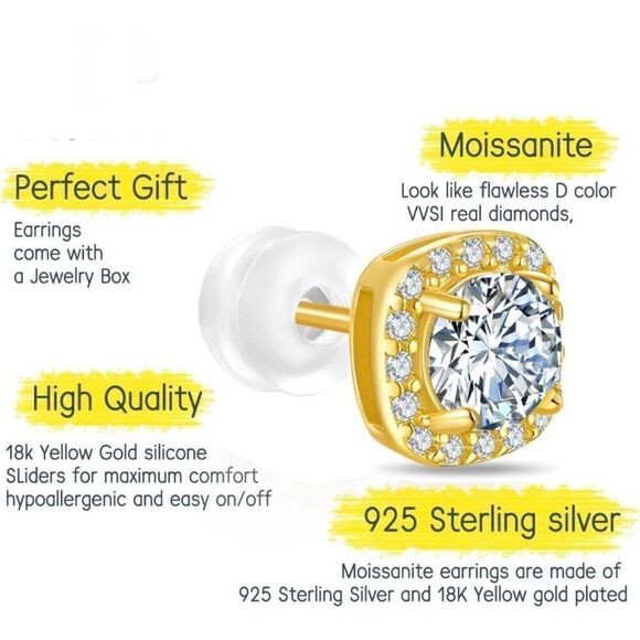 Moissanite 18K Gold Vermeil Halo Push Back Stud Earrings Womens - Picture 9 of 10